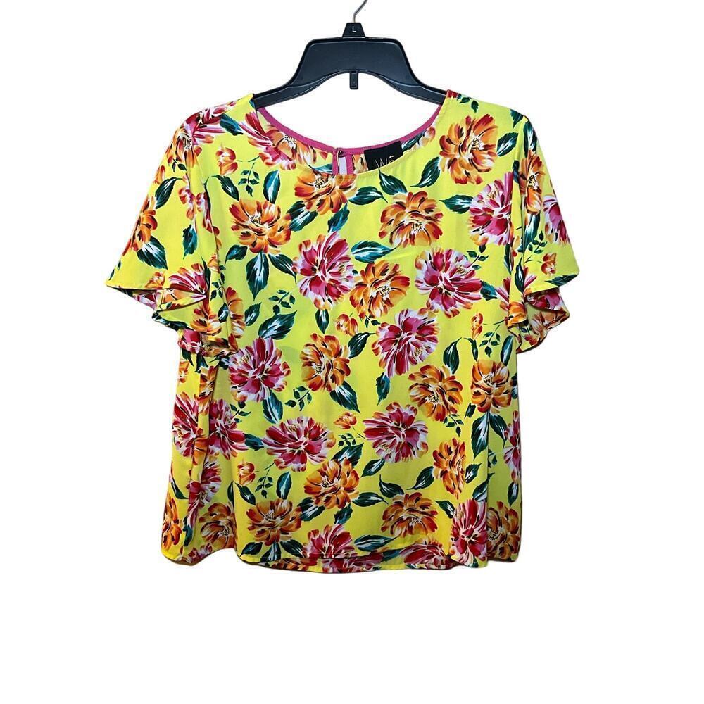 W5 Blouse Top Women's L Yellow Floral Flutter Short Sleeve‎ Round Neck Polyester